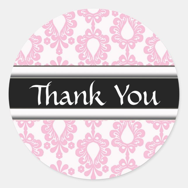 Pink Damask Matching Thank You Stickers (Front)