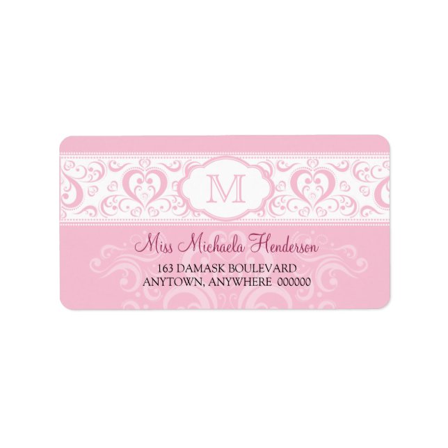 Pink Damask Monogram Address Label (Front)