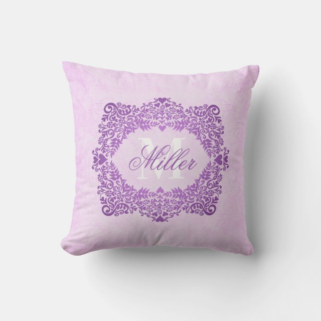 Pink Damask Monogram Name Cushion (Front)