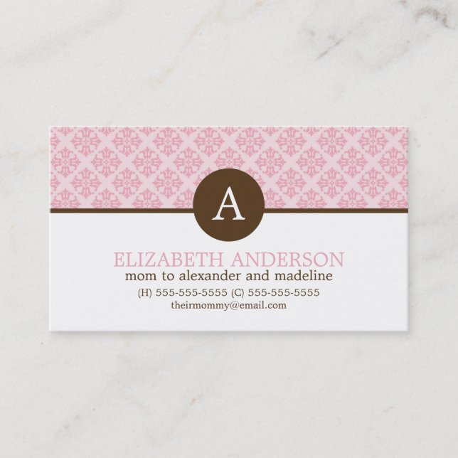 Pink Damask Monogram Pattern Calling Card (Front)