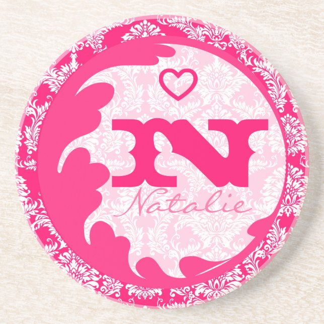 Pink Damask Monogram Personalised Coaster (Front)