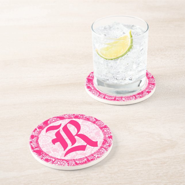 Pink Damask Monogram Wedding Anniversary Coaster (Side)