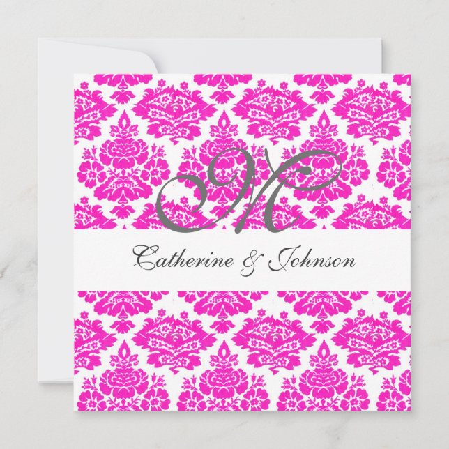pink damask monogram wedding invitation, add text invitation (Front)