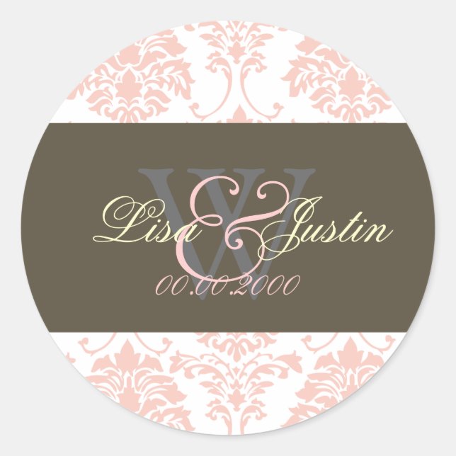 Pink Damask monogram wedding stickers (Front)