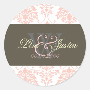 Pink Damask monogram wedding stickers