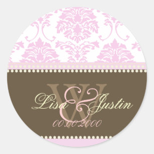 Pink Damask monogram wedding stickers