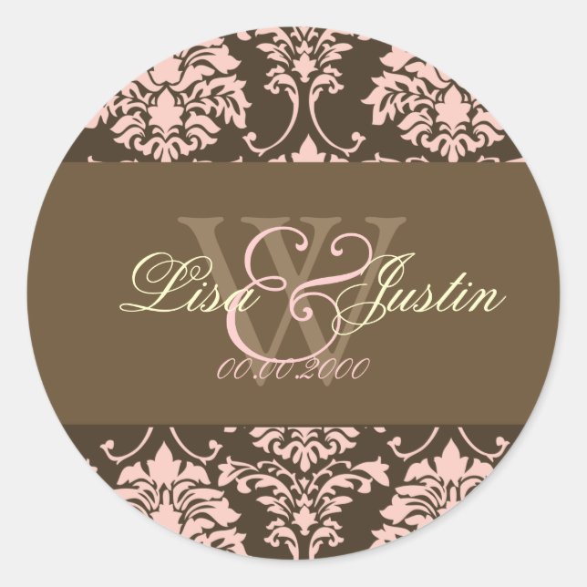 Pink Damask monogram wedding stickers (Front)
