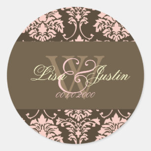 Pink Damask monogram wedding stickers
