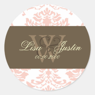 Pink Damask monogram wedding stickers