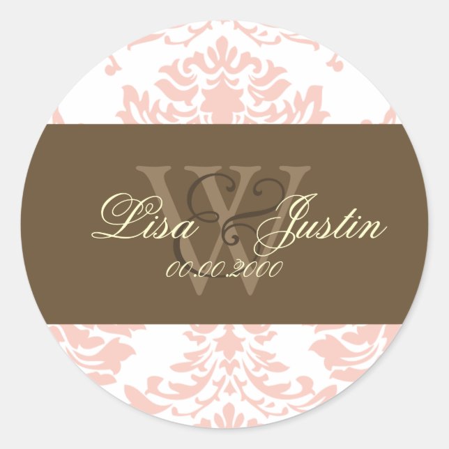 Pink Damask monogram wedding stickers (Front)