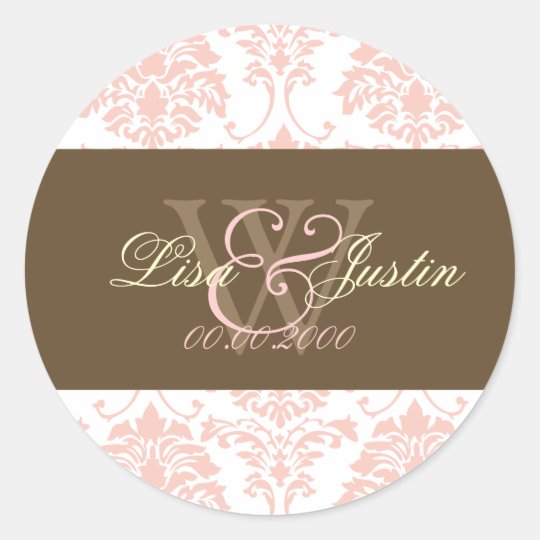 Pink Damask monogram wedding stickers