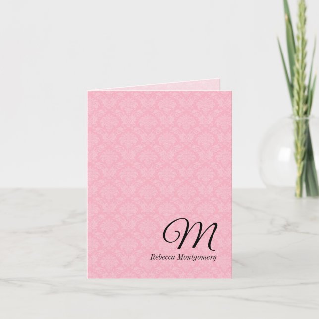 Pink Damask Monogrammed Deluxe Note Card (Front)