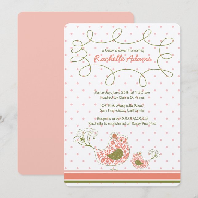 Pink Damask Mum & Baby Bird Chic Girl Baby Shower Invitation (Front/Back)