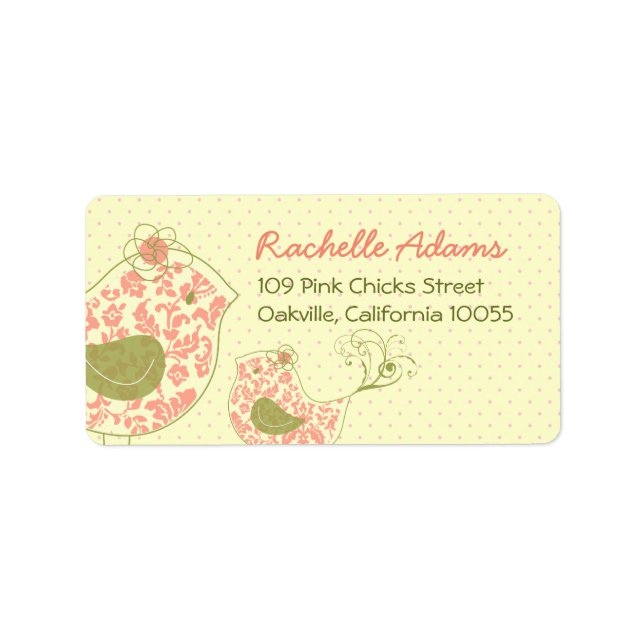 Pink Damask Mummy & Baby Girl Birds Chic Address Label (Front)