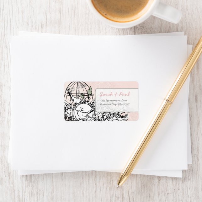 Pink Damask Musical Vintage Bird Cage Address Label (Insitu)