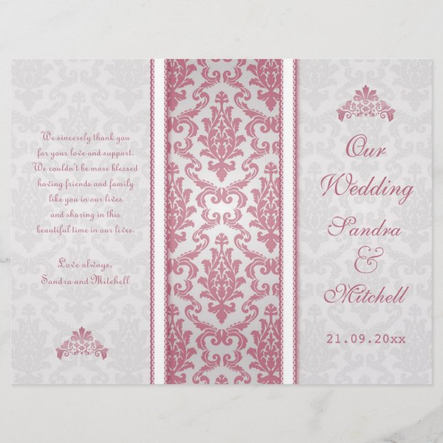 Pink damask on silver Wedding Program (Front)