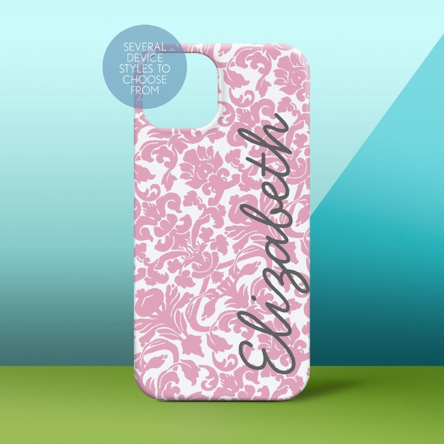 Pink Damask Pattern with Grey Name Case-Mate iPhone Case (Personalized Phone Case)