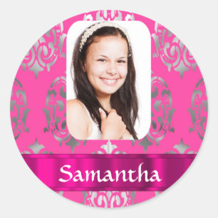 Pink damask personalised photo template classic round sticker
