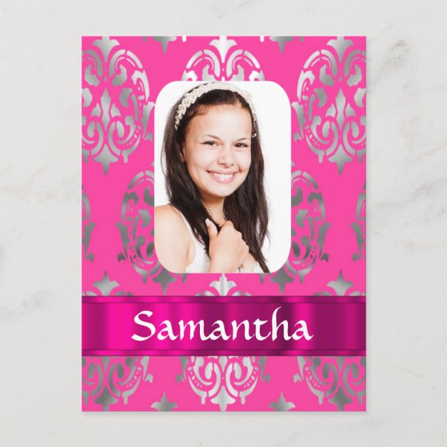 Pink damask personalised photo template postcard (Front)
