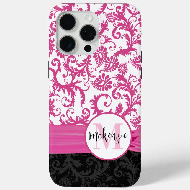 Pink Damask Personalised Printed Fleur de lis Case-Mate iPhone Case (Back)