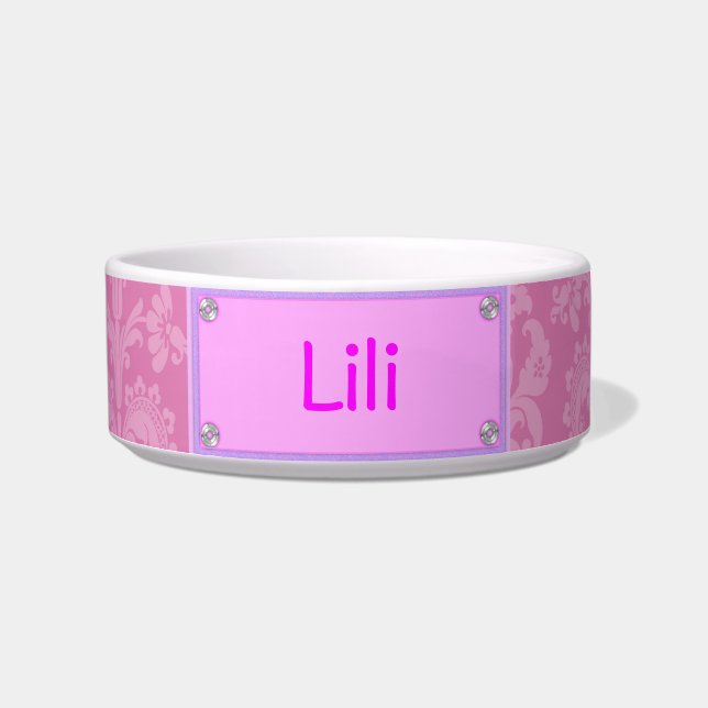 Pink Damask Pet Bowl Personlized (Front)