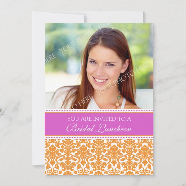 Pink Damask Photo Bridal Luncheon Invitation Cards (Front)