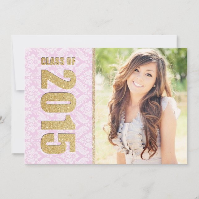 Pink Damask Photo Graduation Announcement (Front)