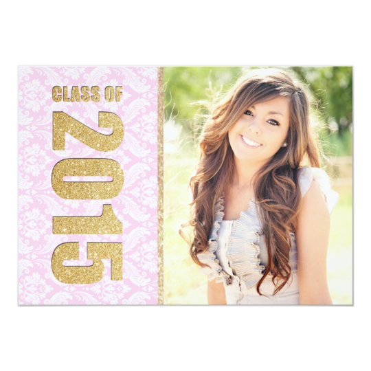 Pink Damask Photo Graduation Announcement