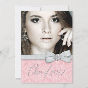 Pink Damask Photo Graduation Announcements