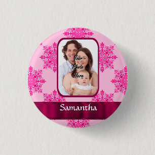 Pink damask photo template 3 cm round badge