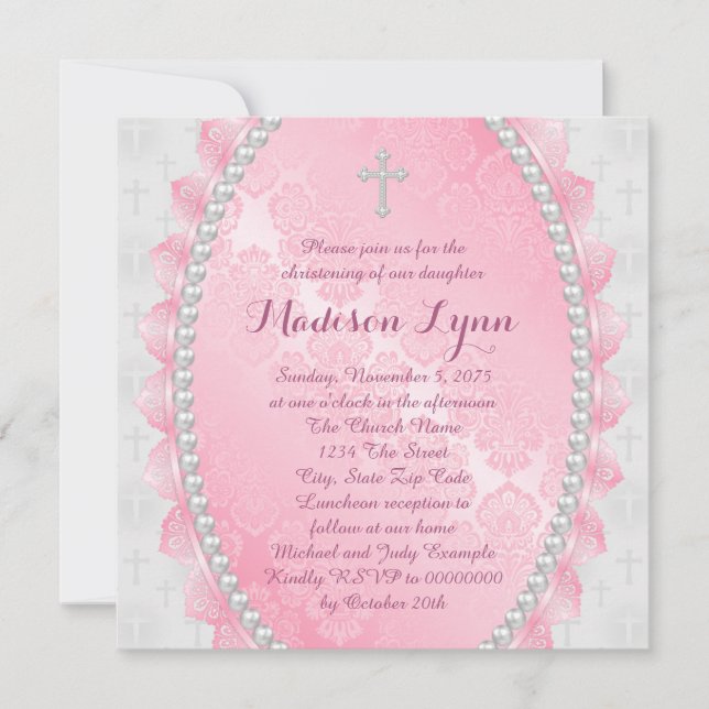 Pink Damask Pink and White Christening Invitation (Front)