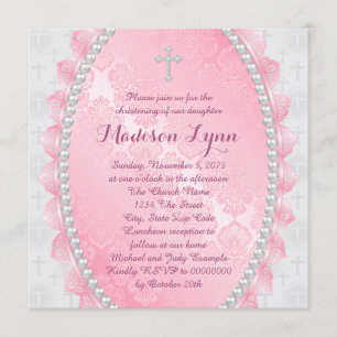 Pink Damask Pink and White Christening Invitation
