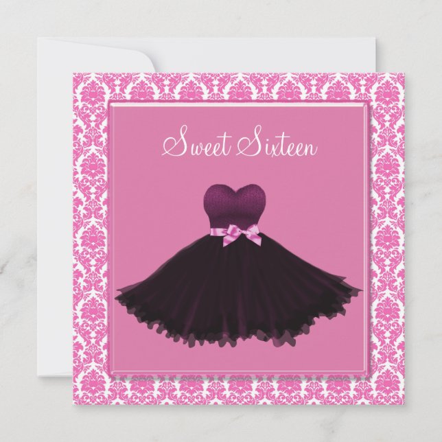 Pink Damask Pink Sweet Sixteen Birthday Party Invitation (Front)