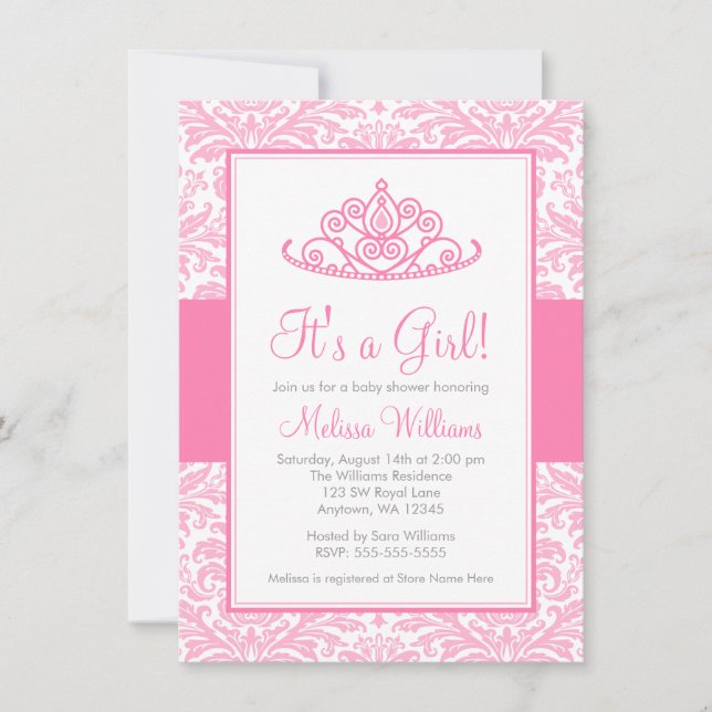 Pink Damask Princess Crown Girl Baby Shower Invitation (Front)