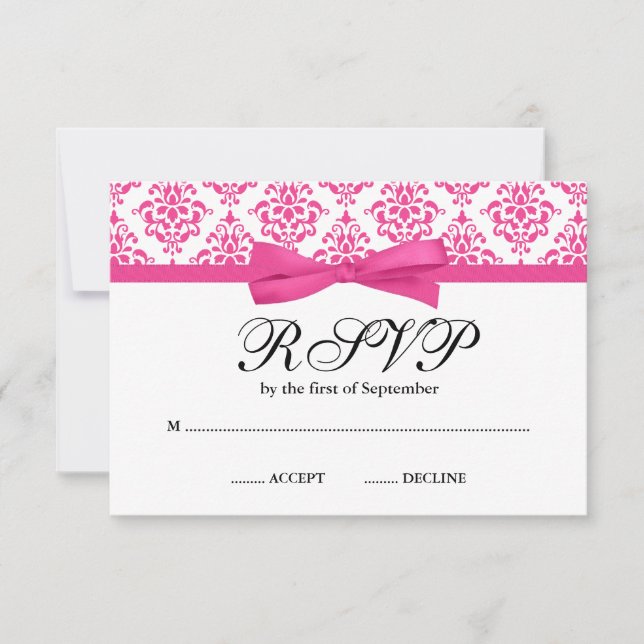 Pink Damask Printed Ribbon Bow RSVP Card (Front)