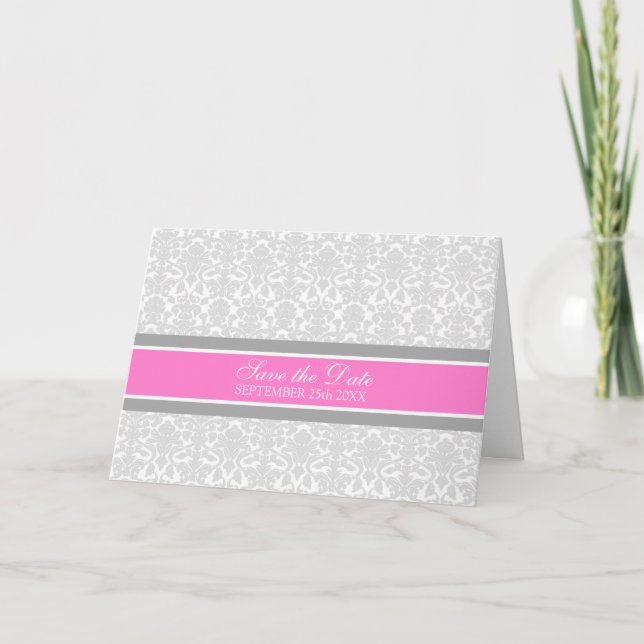 Pink Damask Save the Date Announcement Card (Front)