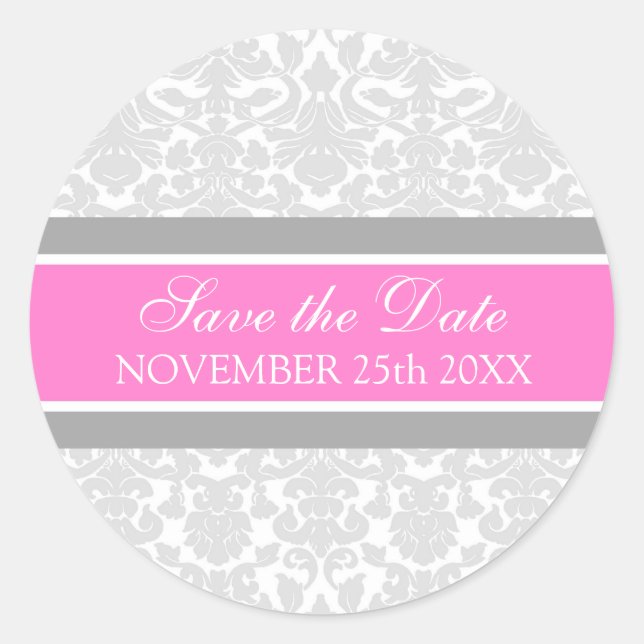 Pink Damask Save the Date Envelope Seal (Front)