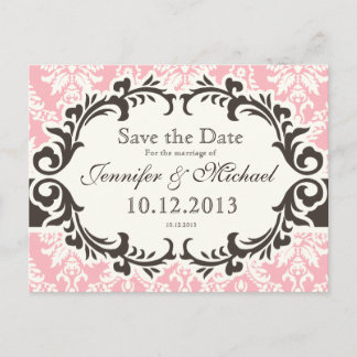 Pink Damask Save the Date Postcard