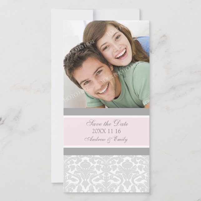Pink Damask Save the Date Wedding Photo Cards (Front)