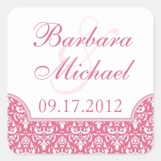 Pink Damask Square Wedding Stickers (Front)