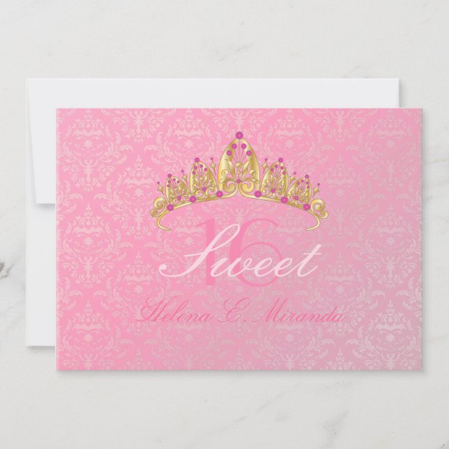 Pink Damask Sweet 16/ tiara/ invitations (Front)