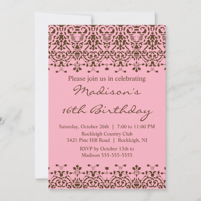 Pink Damask Sweet Sixteen Birthday Invitation (Front)