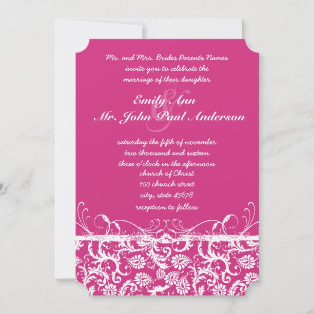 Pink Damask Swirls Wedding Invitation (Front)