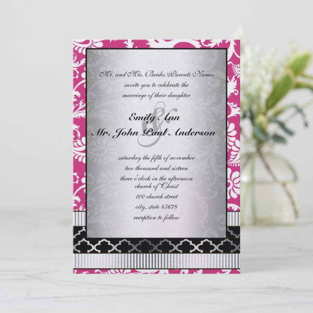 Pink Damask Swirls Wedding Invitation (Standing Front)