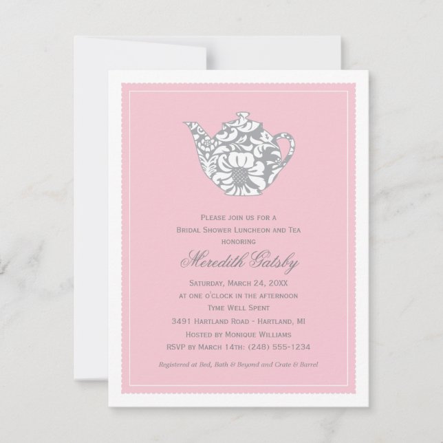 Pink Damask Teapot Tea Party Wedding Shower Invitation (Front)