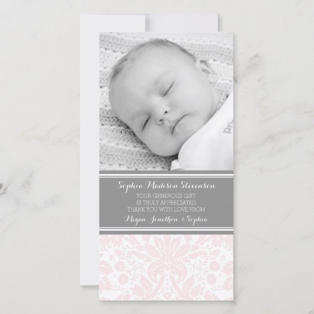 Pink Damask Thank You Baby Shower Photo Cards (Front)