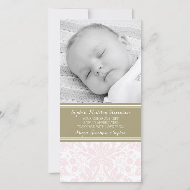 Pink Damask Thank You Baby Shower Photo Cards (Front)