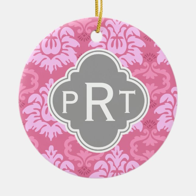 Pink Damask Trio Monogram Ceramic Tree Decoration (Front)