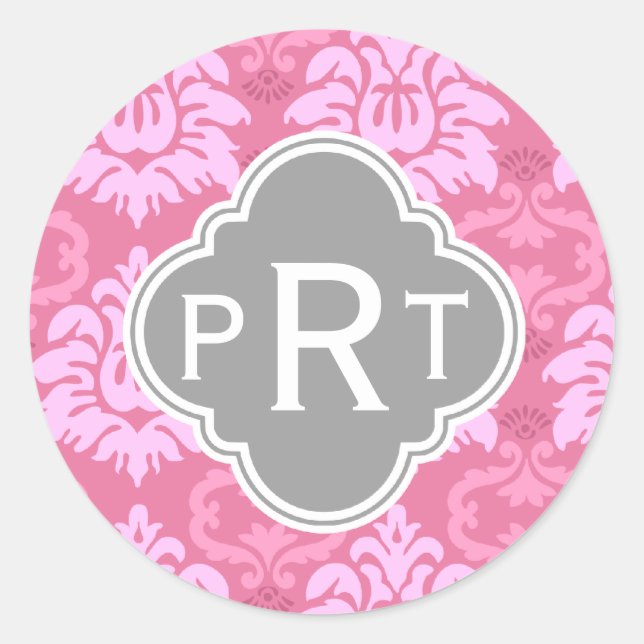 Pink Damask Trio Monogram Classic Round Sticker (Front)