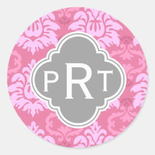 Pink Damask Trio Monogram Classic Round Sticker